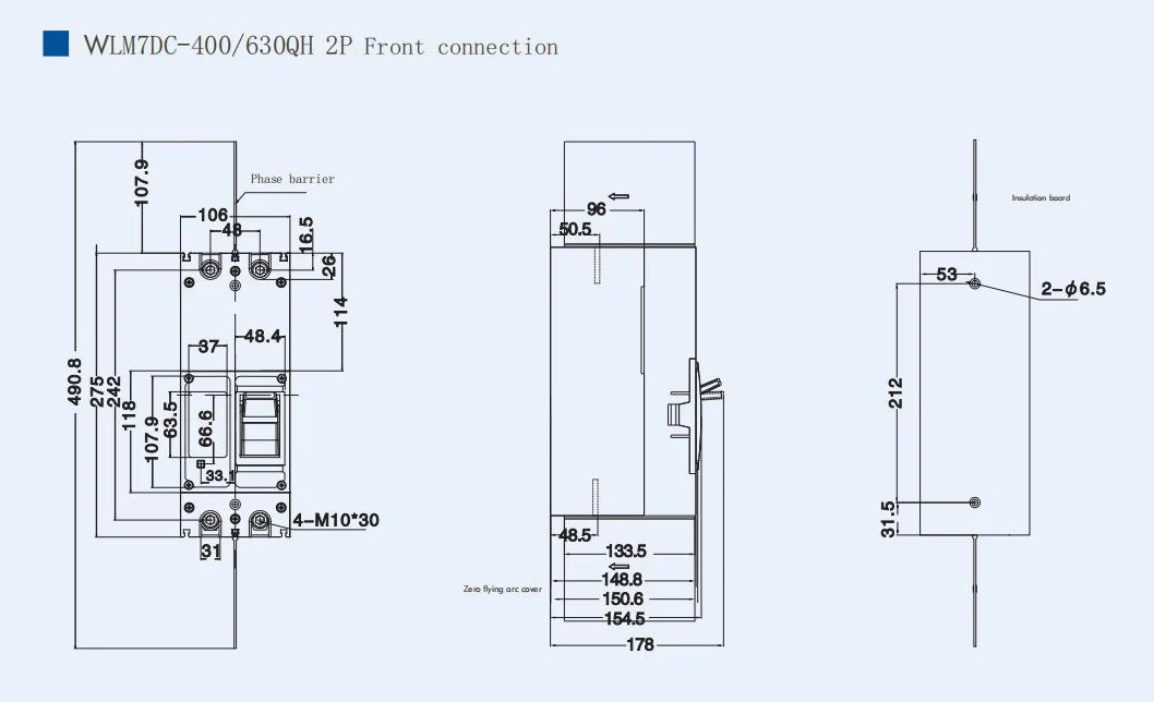 Diagram of DC arc path, series poles and polarity markings in an MCCB