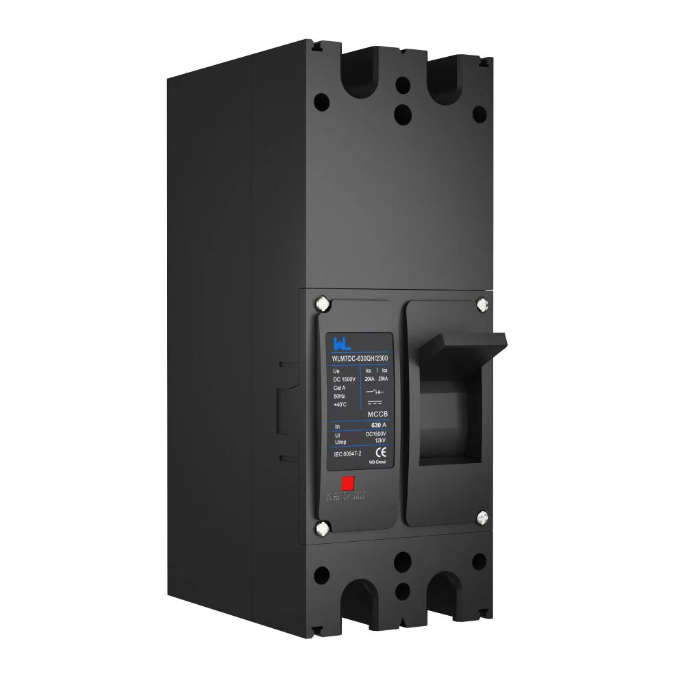 Side view showing terminals and housing of a photovoltaic DC breaker