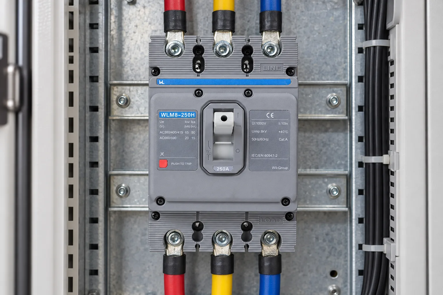 W9 MCCB circuit breaker WLM8-250H-3300 3P 250 amp circuit breaker thermal and magnetic circuit breaker thermal magnetic release mccb installed in a realistic electrical distribution setting