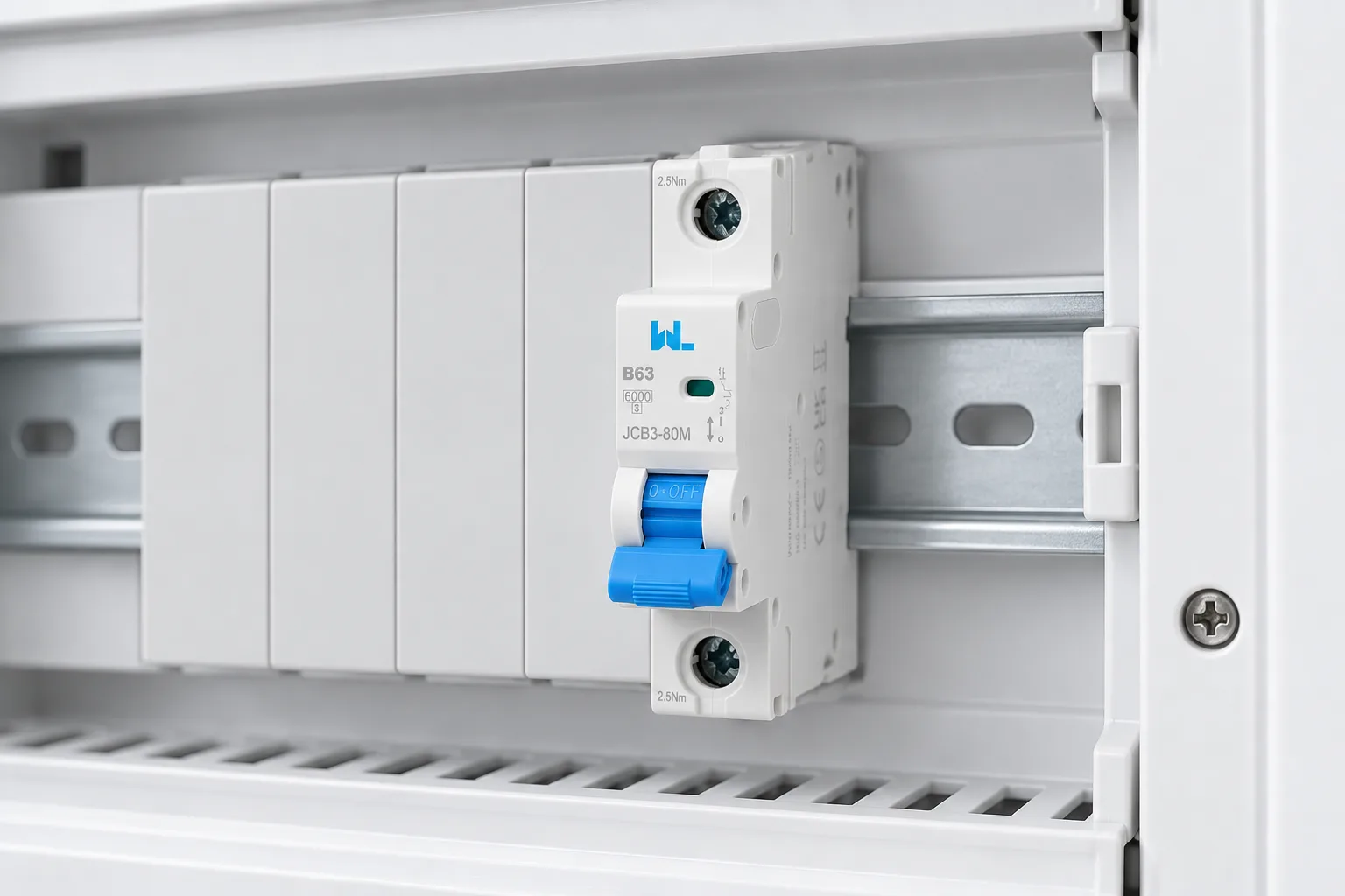 W9 Miniature Circuit Breaker JCB3-80M 6kA installed in a realistic electrical distribution setting
