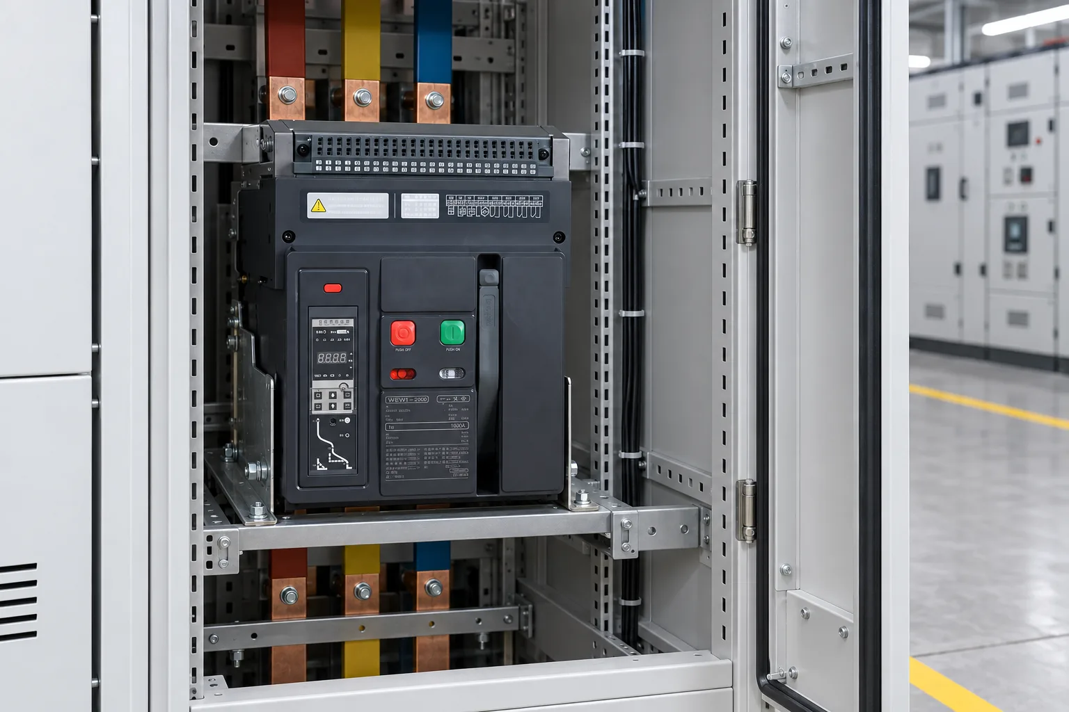 W9 Air circuit breaker WEW1-2000 ACB breaker withdrawable type acb fixed type 400VAC/690VAC 2000A 3/4p acb installed in a realistic electrical distribution setting