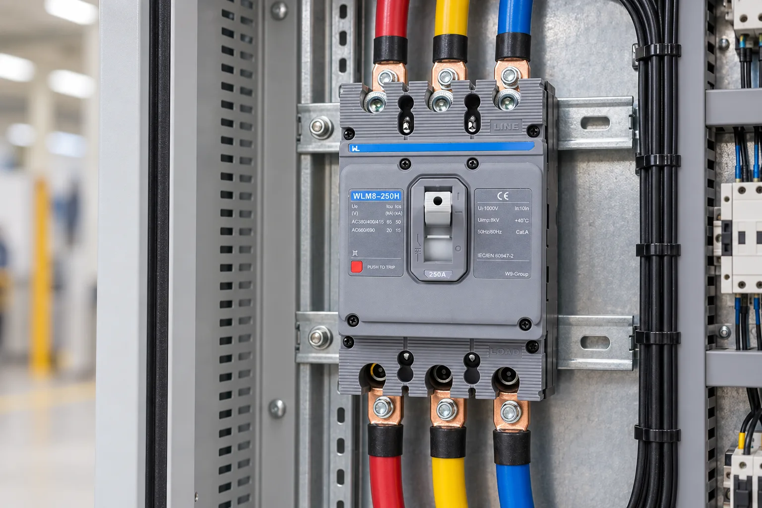 W9 MCCB circuit breaker WLM8-250H-3300 3P 250 amp circuit breaker thermal and magnetic circuit breaker thermal magnetic release mccb installed in a realistic electrical distribution setting