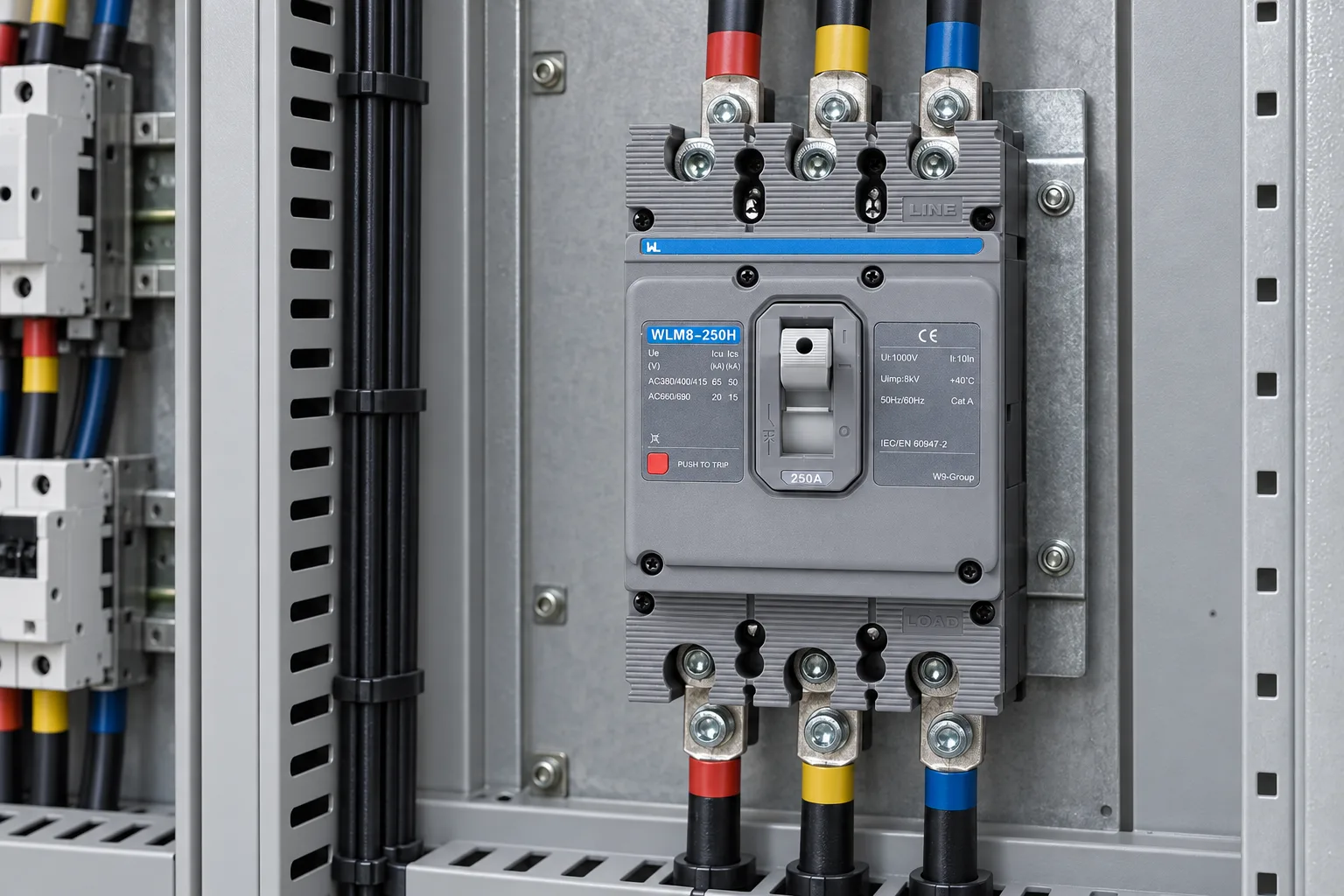 W9 MCCB circuit breaker WLM8-250H-3300 3P 250 amp circuit breaker thermal and magnetic circuit breaker thermal magnetic release mccb installed in a realistic electrical distribution setting