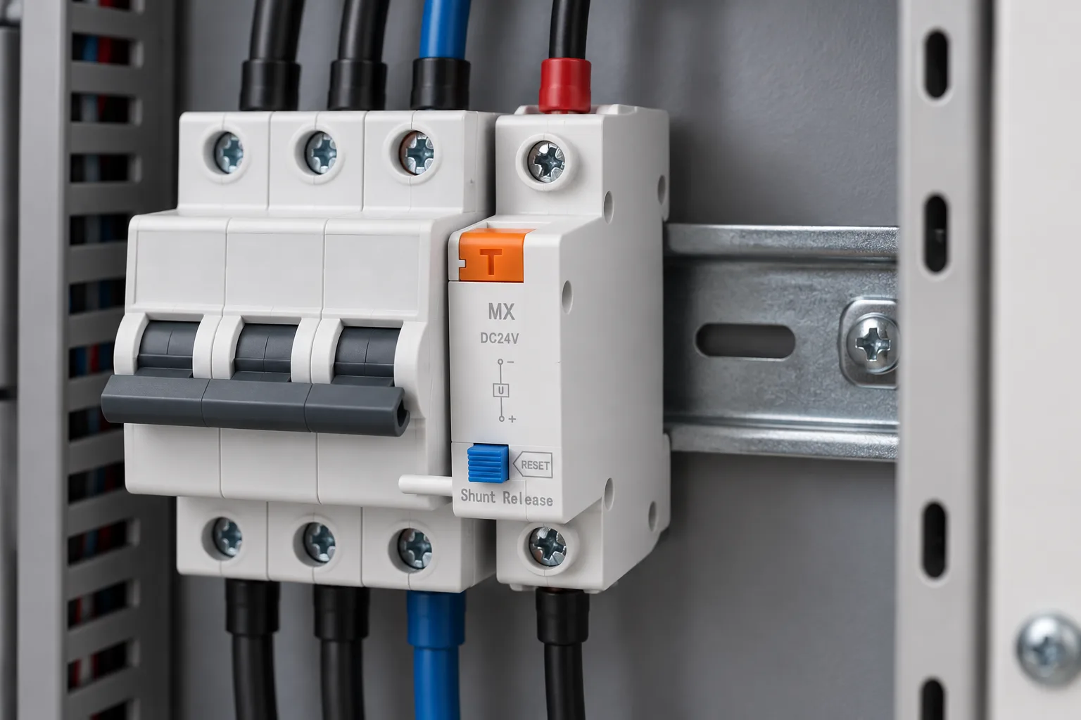 W9 MCB Accessories JCMX1-125 Shunt trip release MX installed in a realistic electrical distribution setting