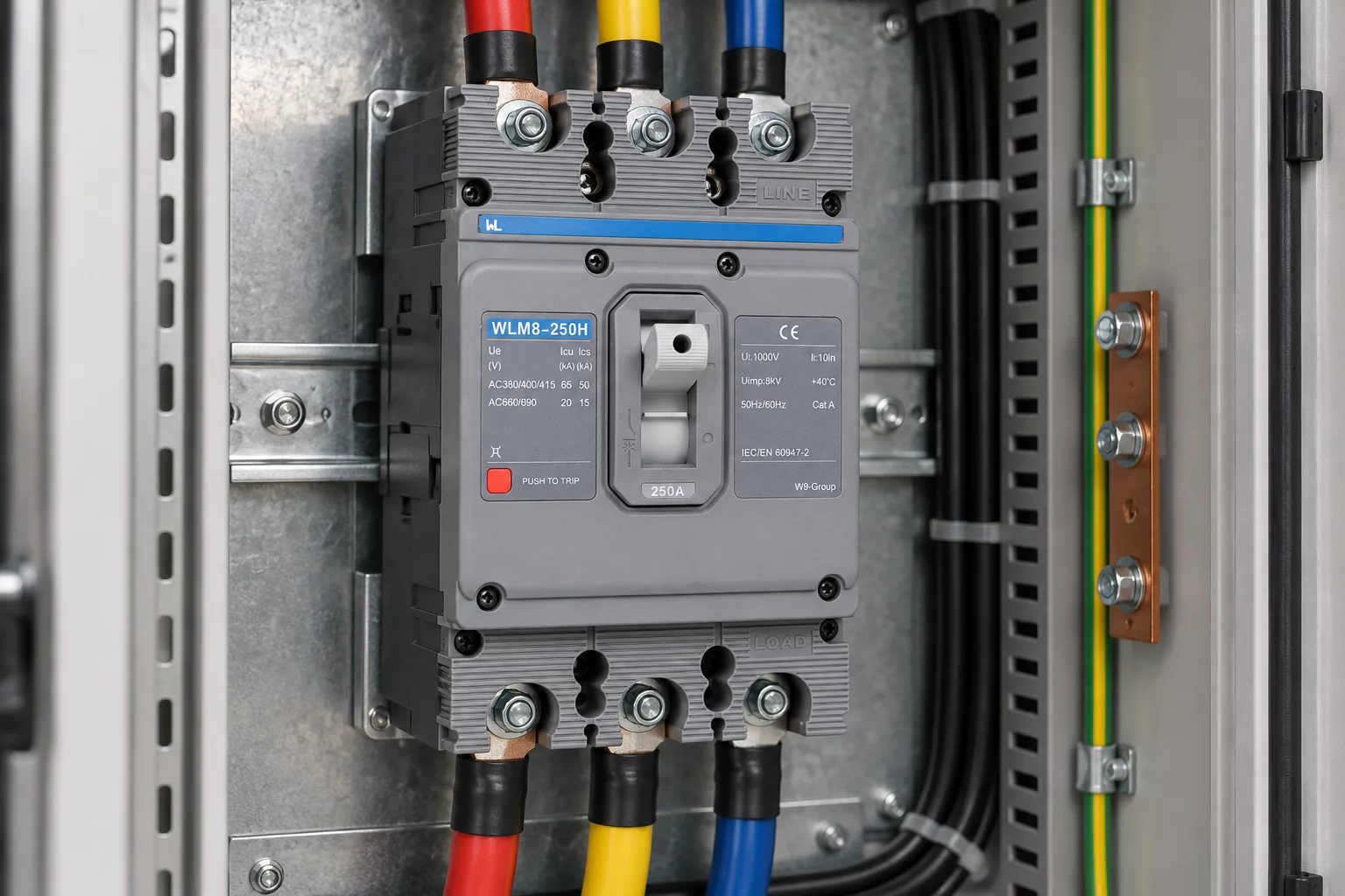W9 MCCB circuit breaker WLM8-250H-3300 3P 250 amp circuit breaker thermal and magnetic circuit breaker thermal magnetic release mccb installed in a realistic electrical distribution setting