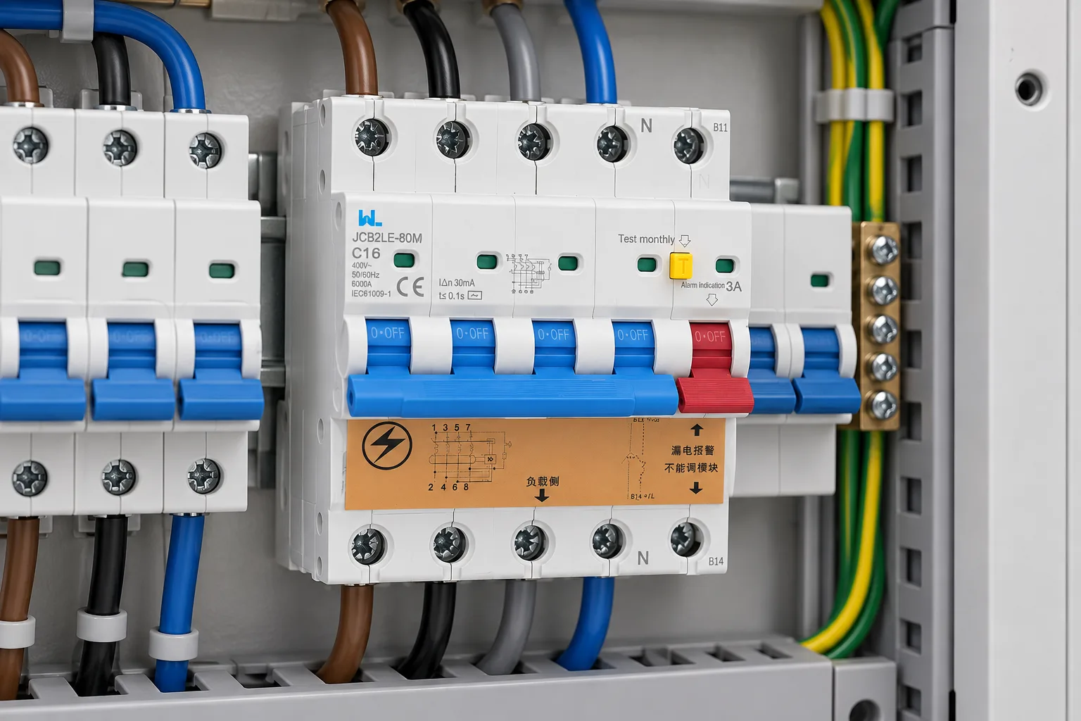 W9 RCBO With Alarm 6kA Safety Switch Circuit Breaker JCB2LE-80M4P+A 4 Pole installed in a realistic electrical distribution setting