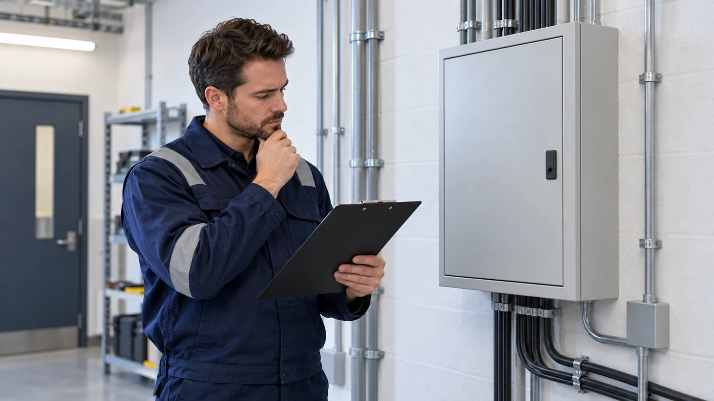 Electrical technician reviewing a closed distribution board before fault investigation