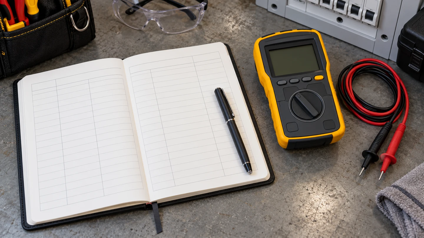 Blank circuit schedule beside disconnected test equipment prepared for a qualified inspection