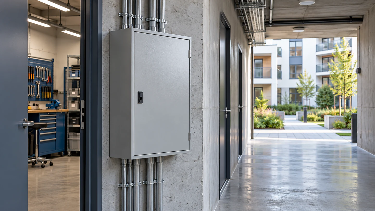 Building electrical service area with closed equipment and adjacent residential and workshop spaces