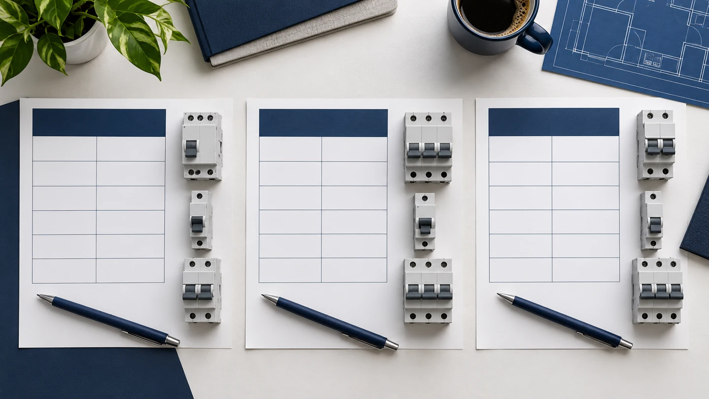 Blank circuit allocation sheets and unconnected modular device silhouettes on a planning desk