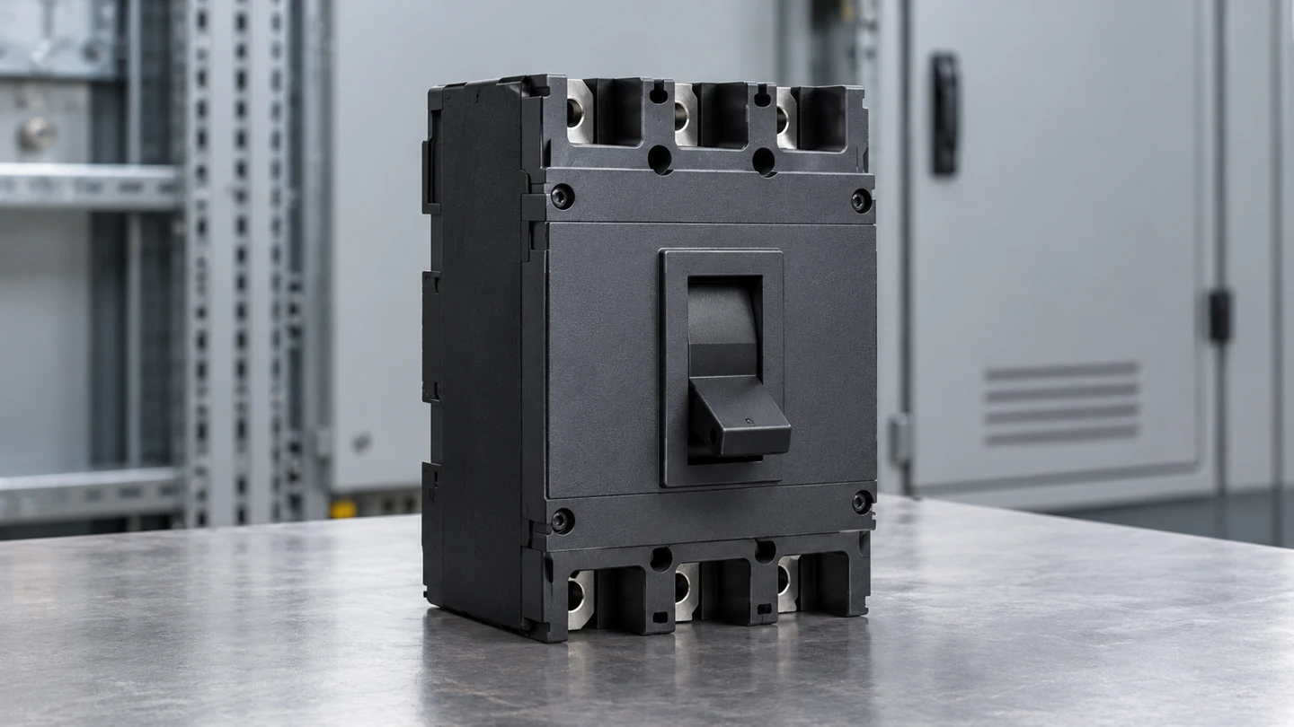 Unbranded molded-case device beside a closed industrial DC equipment cabinet