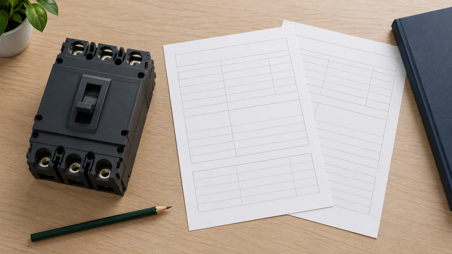 Blank specification sheet and an isolated molded-case device prepared for technical review