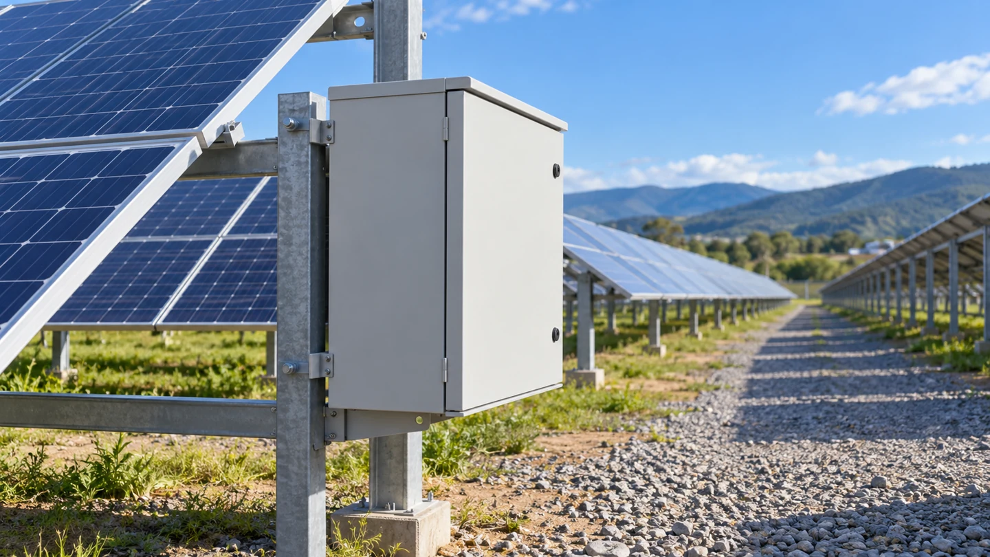 Solar array with a closed combiner enclosure in an accessible service area