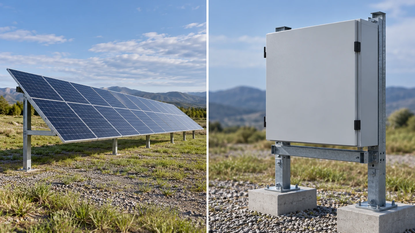 Individual solar panel row beside a separate view of a closed combiner cabinet