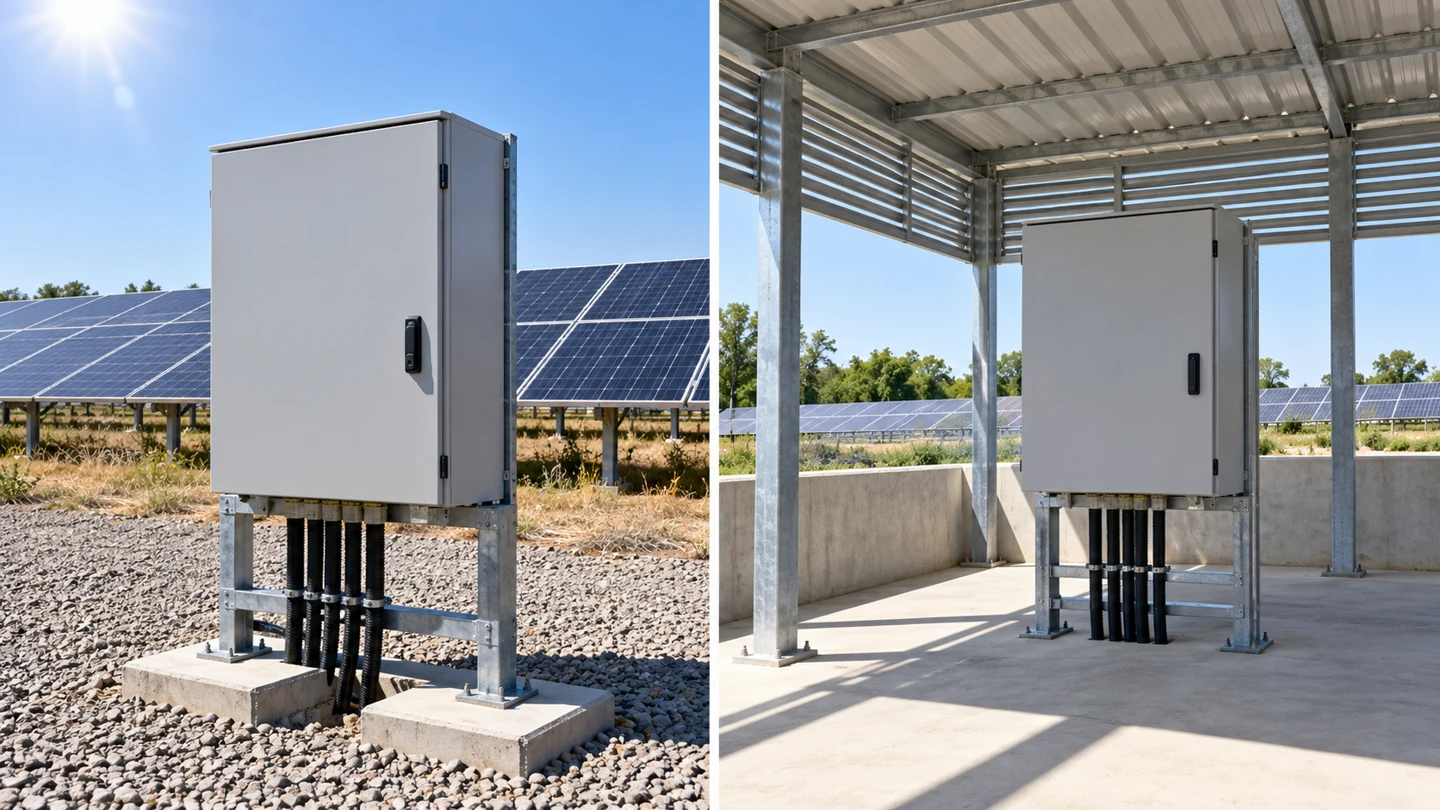 Sunlit outdoor enclosure and shaded service enclosure shown as environmental review contexts