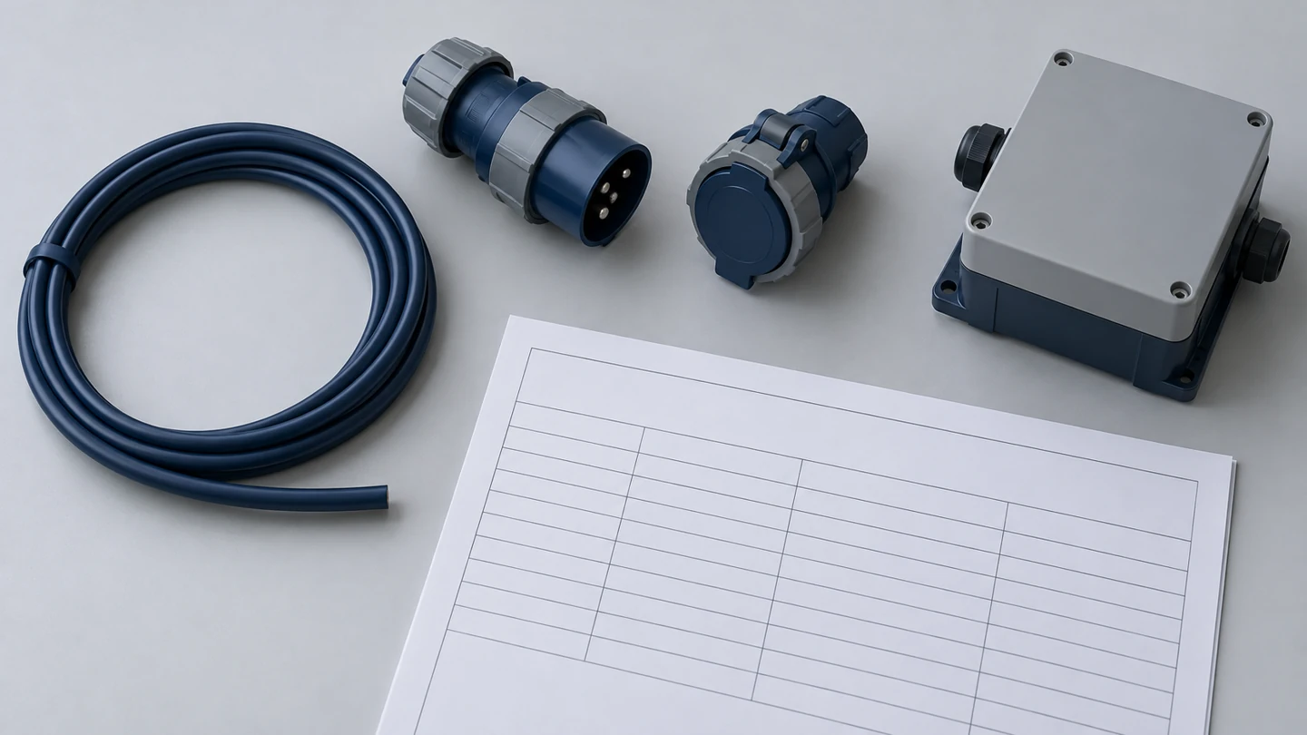Unconnected generic cable and connector samples beside a blank equipment specification sheet