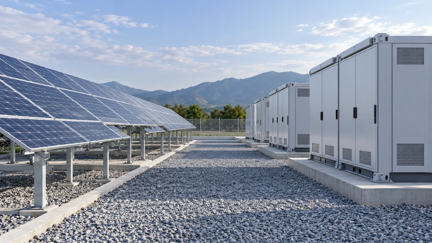 Solar panels and closed battery cabinets in a common service compound