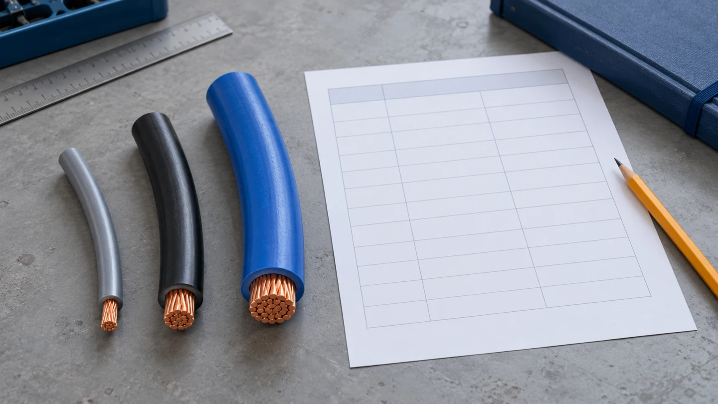 Disconnected cable samples and a blank current-sizing worksheet on an engineering desk