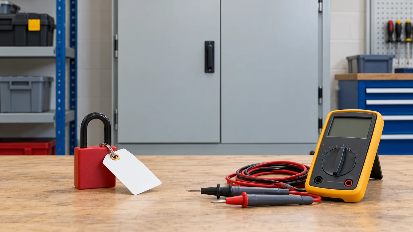 Generic lockout equipment and disconnected tester beside a closed electrical enclosure