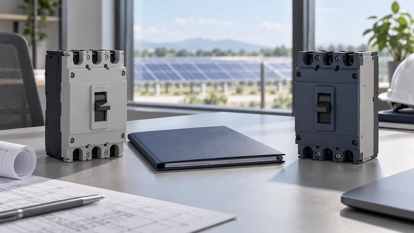 Two unbranded molded-case devices prepared for document review beside a solar facility window