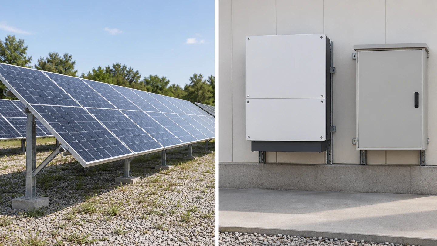 Solar array context beside a closed inverter and AC distribution enclosure