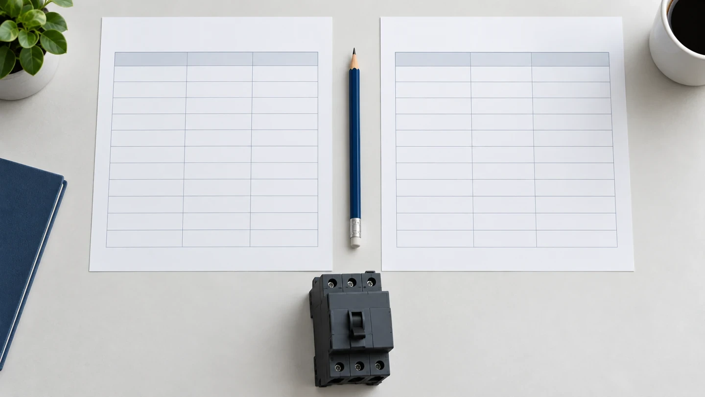 Two blank supplier comparison documents beside an unconnected generic protective device
