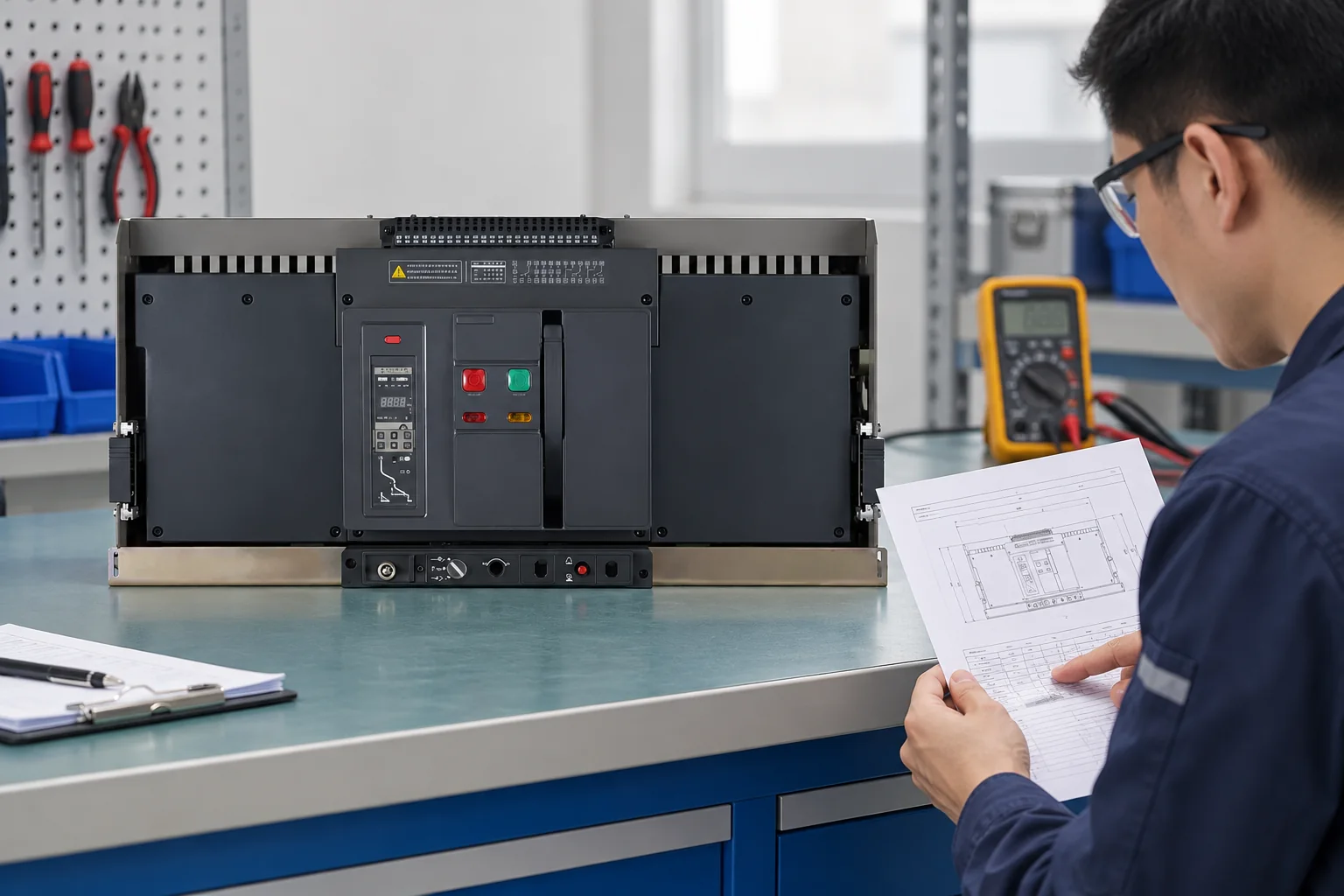 Technician inspecting an air circuit breaker during commissioning