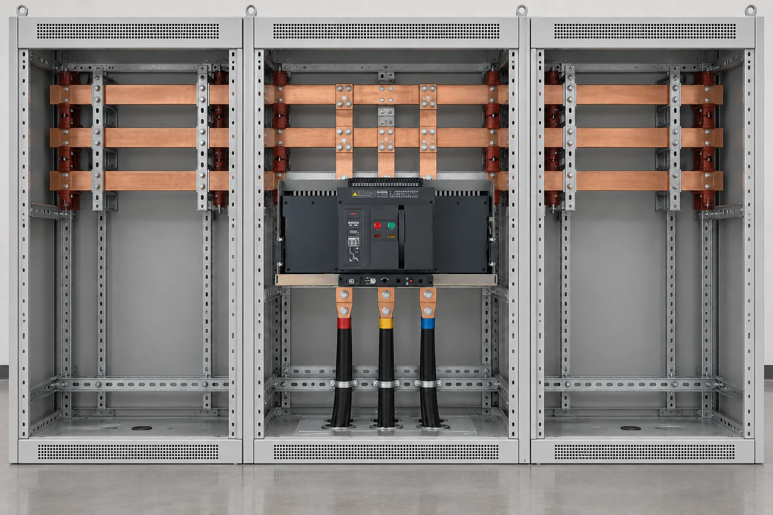 Electrical engineer commissioning an air circuit breaker in a low-voltage switchboard