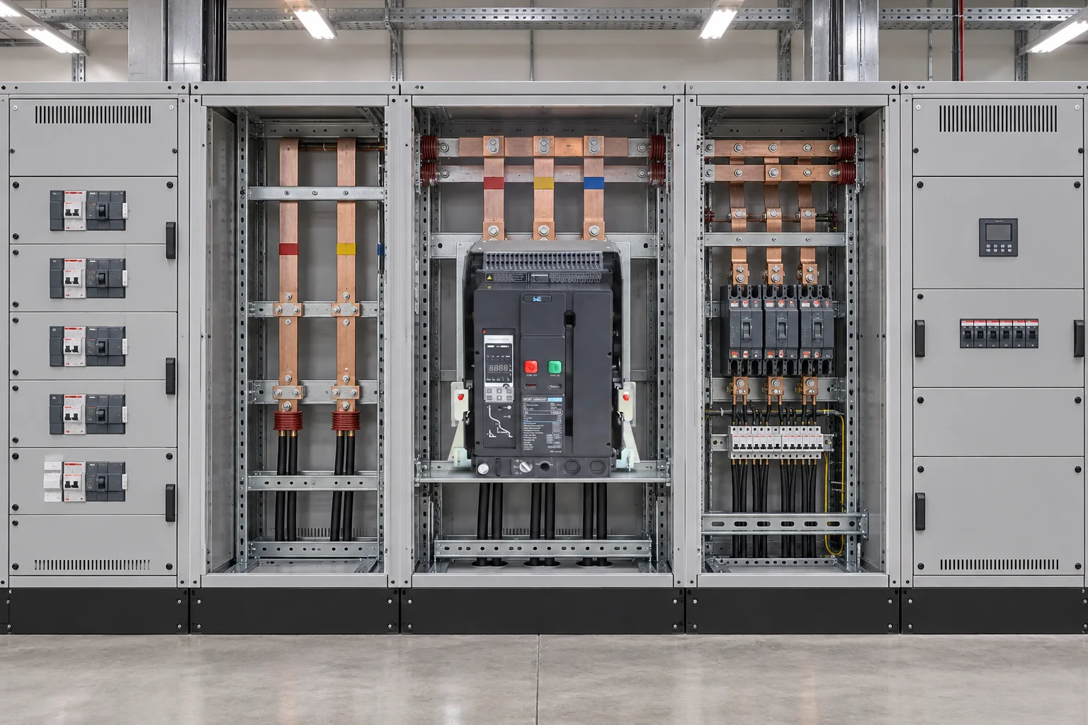 Electrical engineer reviewing an ACB and MCCB arrangement in a low-voltage switchboard