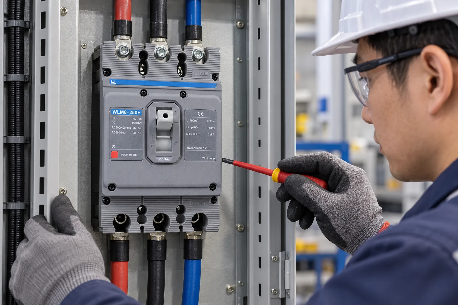 Technician inspecting a W9 Group thermal-magnetic MCCB in a control panel