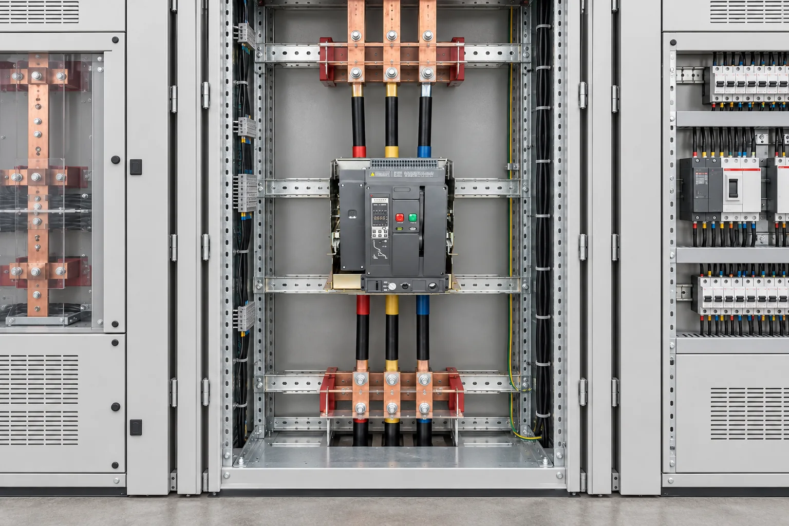 Electrical engineer comparing fixed and draw-out air circuit breaker arrangements in a low-voltage switchboard