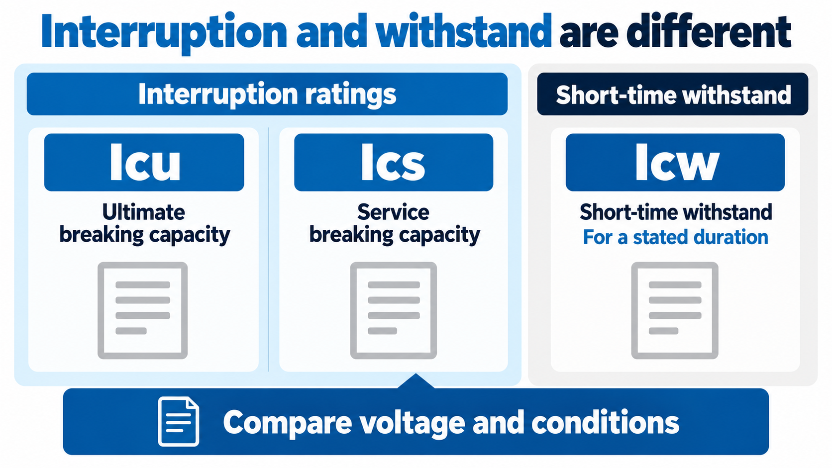 Icu and Ics breaking-capacity duties contrasted with Icw short-time withstand for a stated duration.