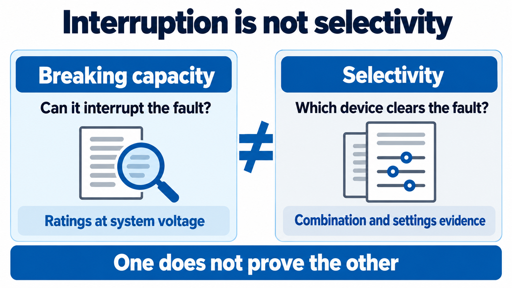 Comparison of fault interruption and selectivity, showing that they require different evidence.