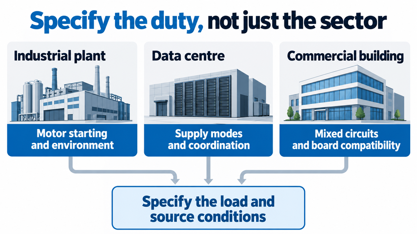 Industrial, data-centre and commercial applications have different load, supply and assembly questions before breaker selection.